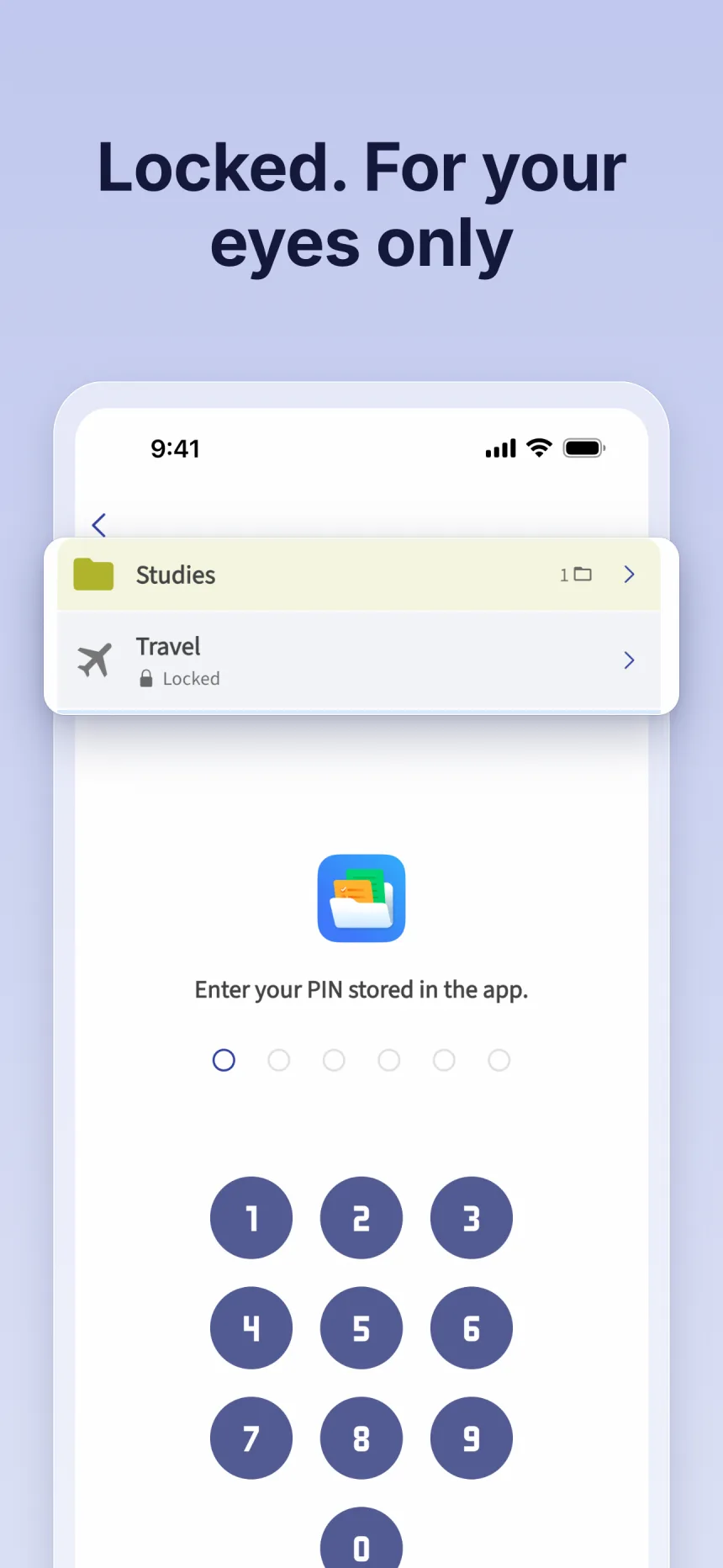 Locked folder in Folino: unlock with the PIN set in the app